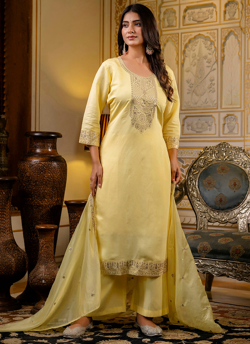 Vellora Silk Blend Light Yellow Casual Wear Embroidery Work Readymade Salwar Suit | Grocsy