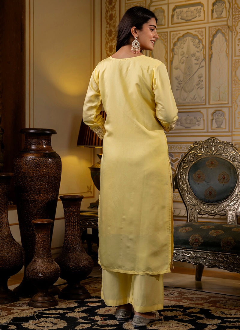 Vellora Silk Blend Light Yellow Casual Wear Embroidery Work Readymade Salwar Suit | Grocsy