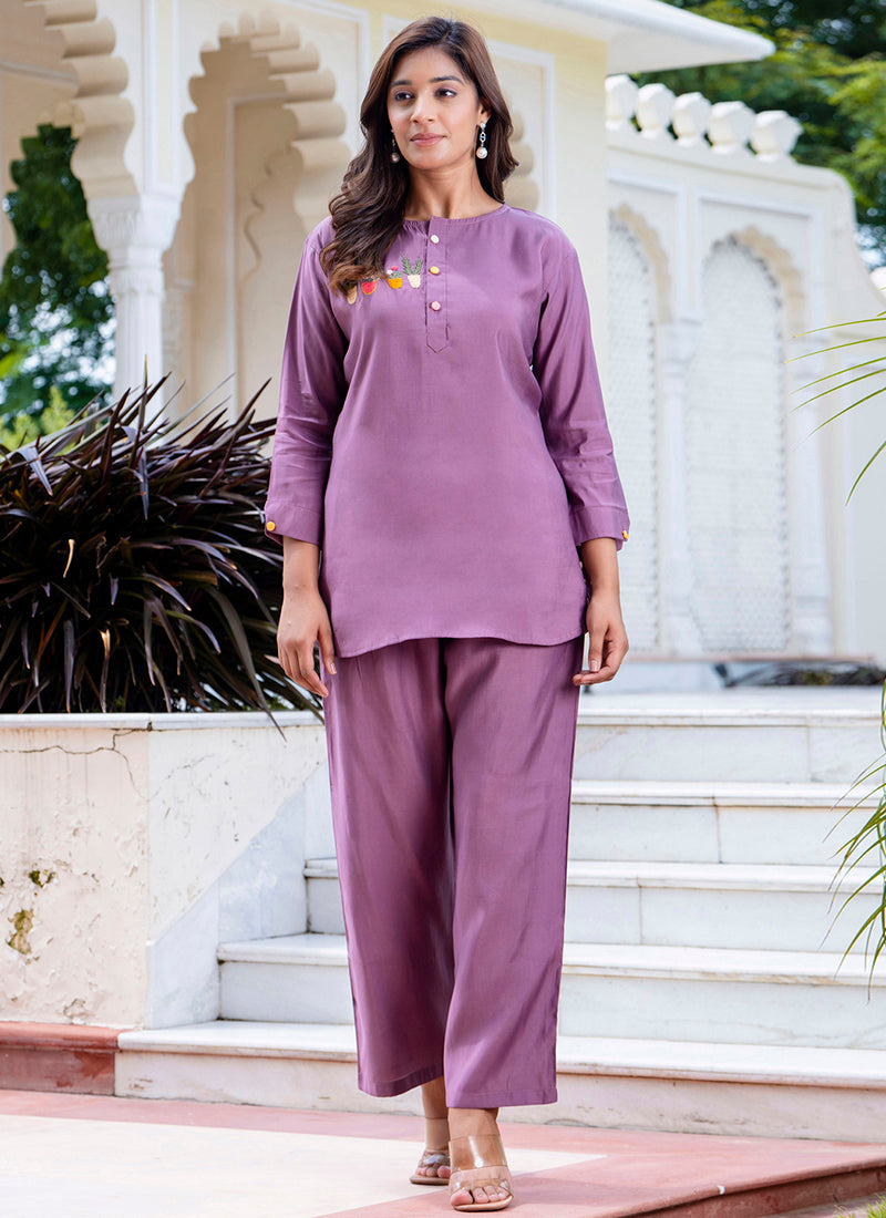 Vellora Silk Blend Lavender Casual Wear Hand Work Readymade Salwar Suit | Grocsy