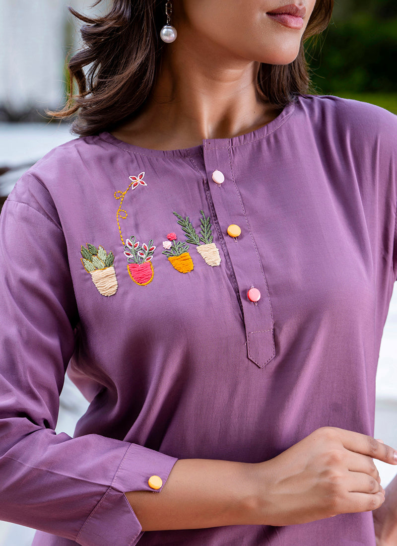 Vellora Silk Blend Lavender Casual Wear Hand Work Readymade Salwar Suit | Grocsy