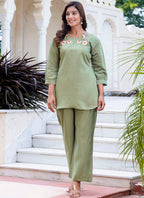 Vellora Silk Blend Pista Casual Wear Hand Work Readymade Salwar Suit | Grocsy