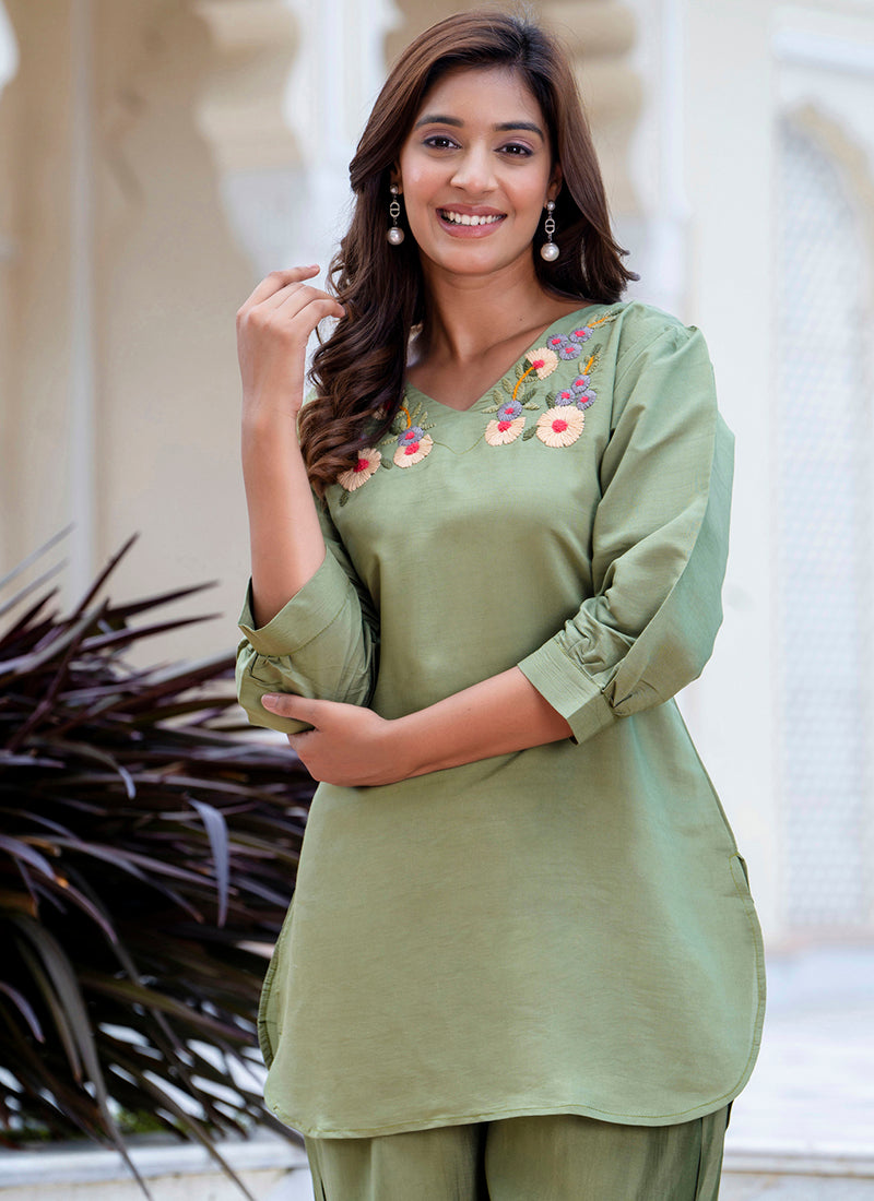 Vellora Silk Blend Pista Casual Wear Hand Work Readymade Salwar Suit | Grocsy