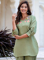 Vellora Silk Blend Pista Casual Wear Hand Work Readymade Salwar Suit | Grocsy