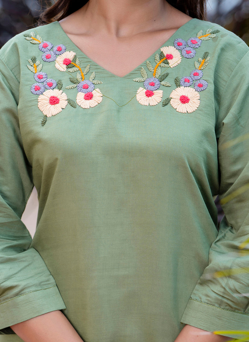 Vellora Silk Blend Pista Casual Wear Hand Work Readymade Salwar Suit | Grocsy