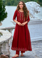 Vellora Vichitra Silk Red Party Wear Embroidery Work Readymade Salwar Suit | Grocsy