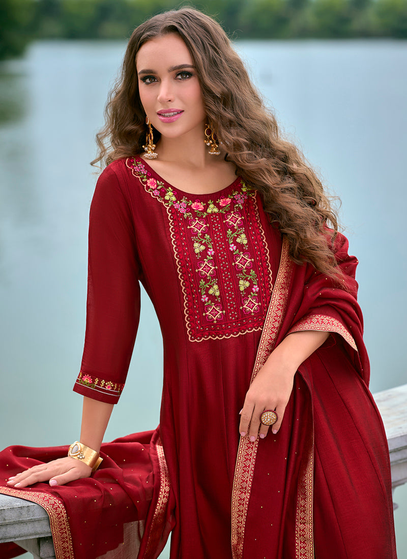 Vellora Vichitra Silk Red Party Wear Embroidery Work Readymade Salwar Suit | Grocsy