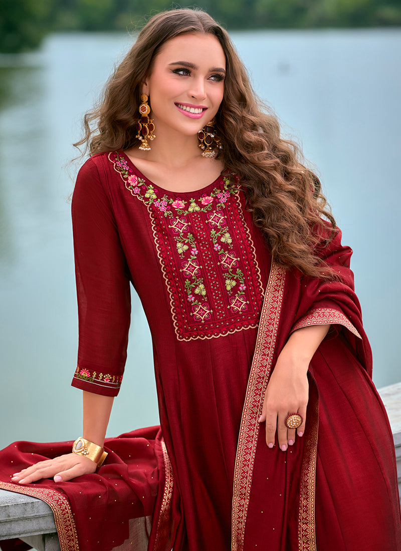 Vellora Vichitra Silk Red Party Wear Embroidery Work Readymade Salwar Suit | Grocsy