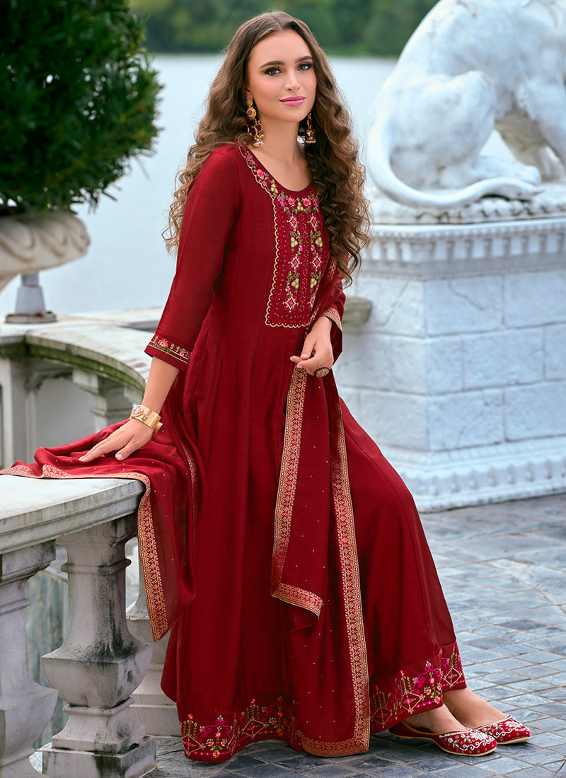 Vellora Vichitra Silk Red Party Wear Embroidery Work Readymade Salwar Suit | Grocsy