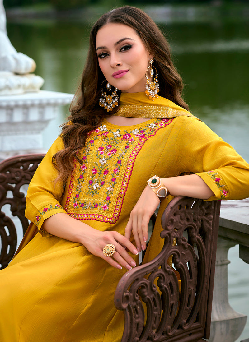 Vellora Vichitra Silk Mustard Party Wear Embroidery Work Readymade Salwar Suit | Grocsy