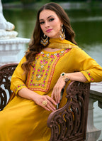 Vellora Vichitra Silk Mustard Party Wear Embroidery Work Readymade Salwar Suit | Grocsy