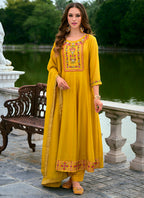 Vellora Vichitra Silk Mustard Party Wear Embroidery Work Readymade Salwar Suit | Grocsy