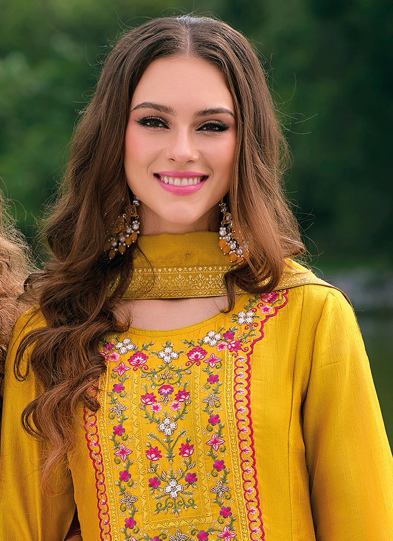 Vellora Vichitra Silk Mustard Party Wear Embroidery Work Readymade Salwar Suit | Grocsy