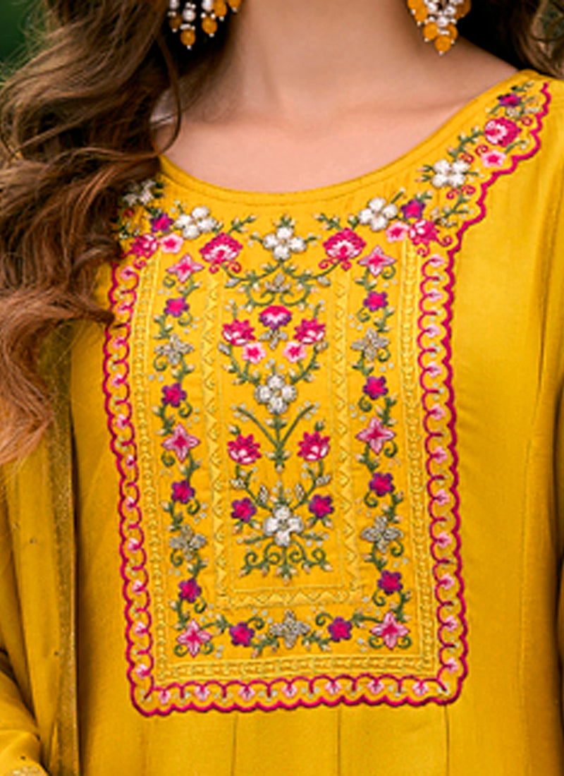 Vellora Vichitra Silk Mustard Party Wear Embroidery Work Readymade Salwar Suit | Grocsy