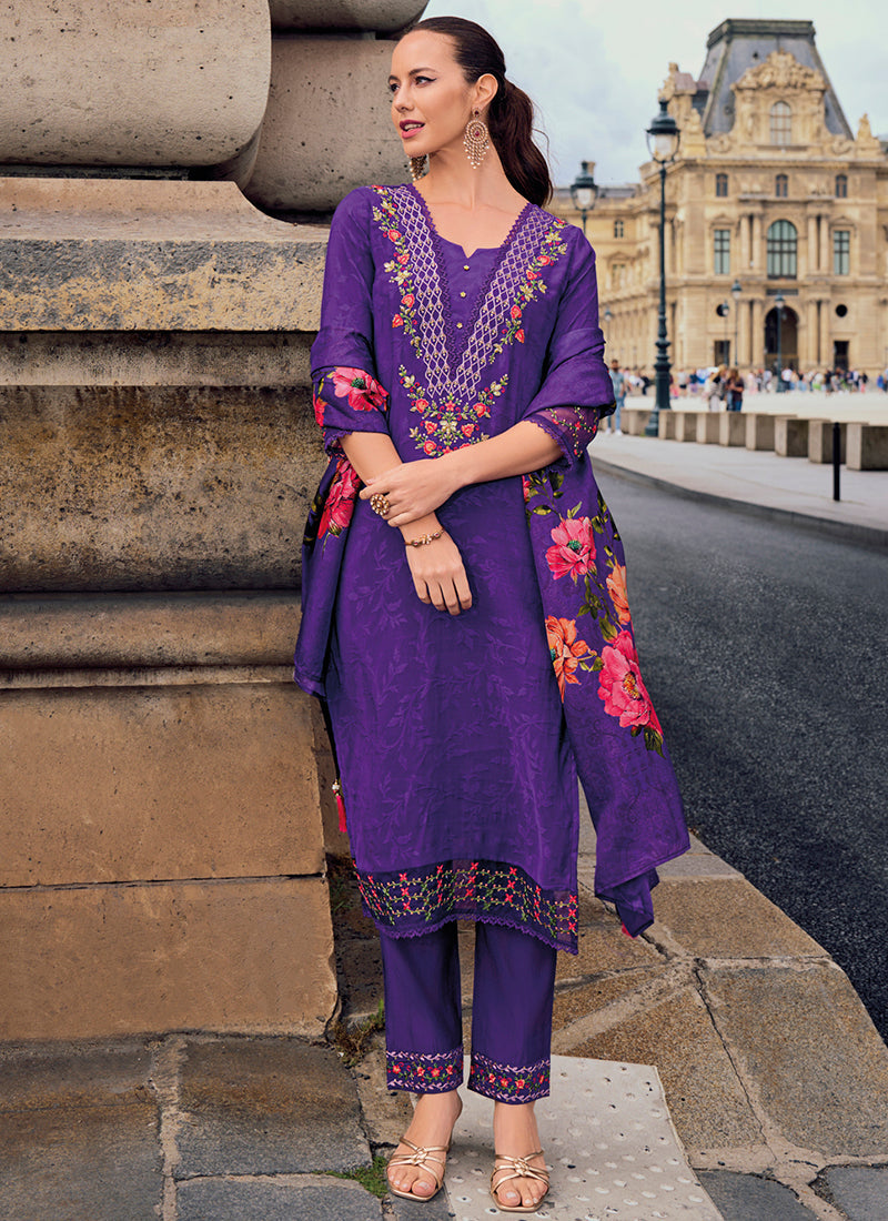 Vellora Viscose Silk Purple Ocassional Wear Embroidery Work Readymade Salwar Suit | Grocsy