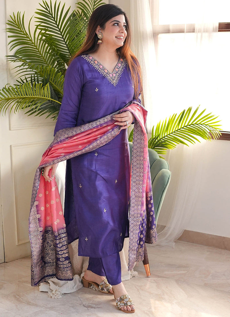 Vellora Vichitra Silk Violet Casual Wear Embroidery Work Readymade Salwar Suit | Grocsy