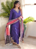 Vellora Vichitra Silk Violet Casual Wear Embroidery Work Readymade Salwar Suit | Grocsy