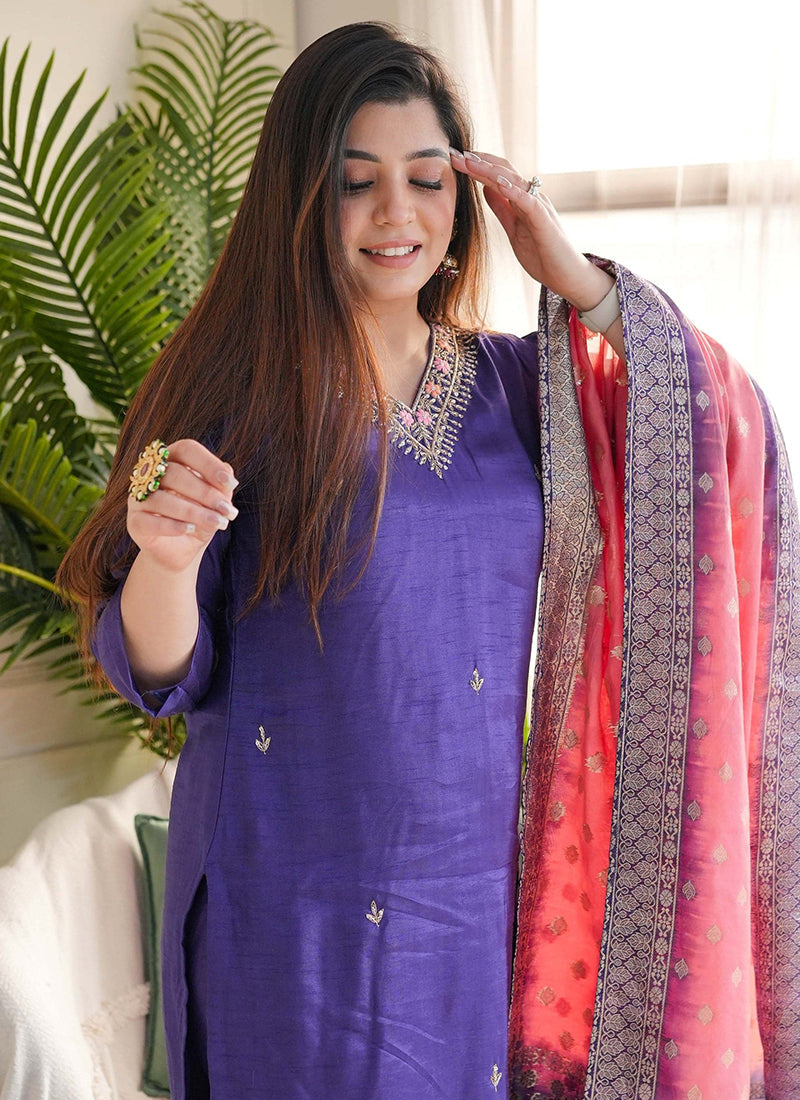 Vellora Vichitra Silk Violet Casual Wear Embroidery Work Readymade Salwar Suit | Grocsy