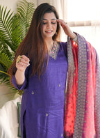 Vellora Vichitra Silk Violet Casual Wear Embroidery Work Readymade Salwar Suit | Grocsy
