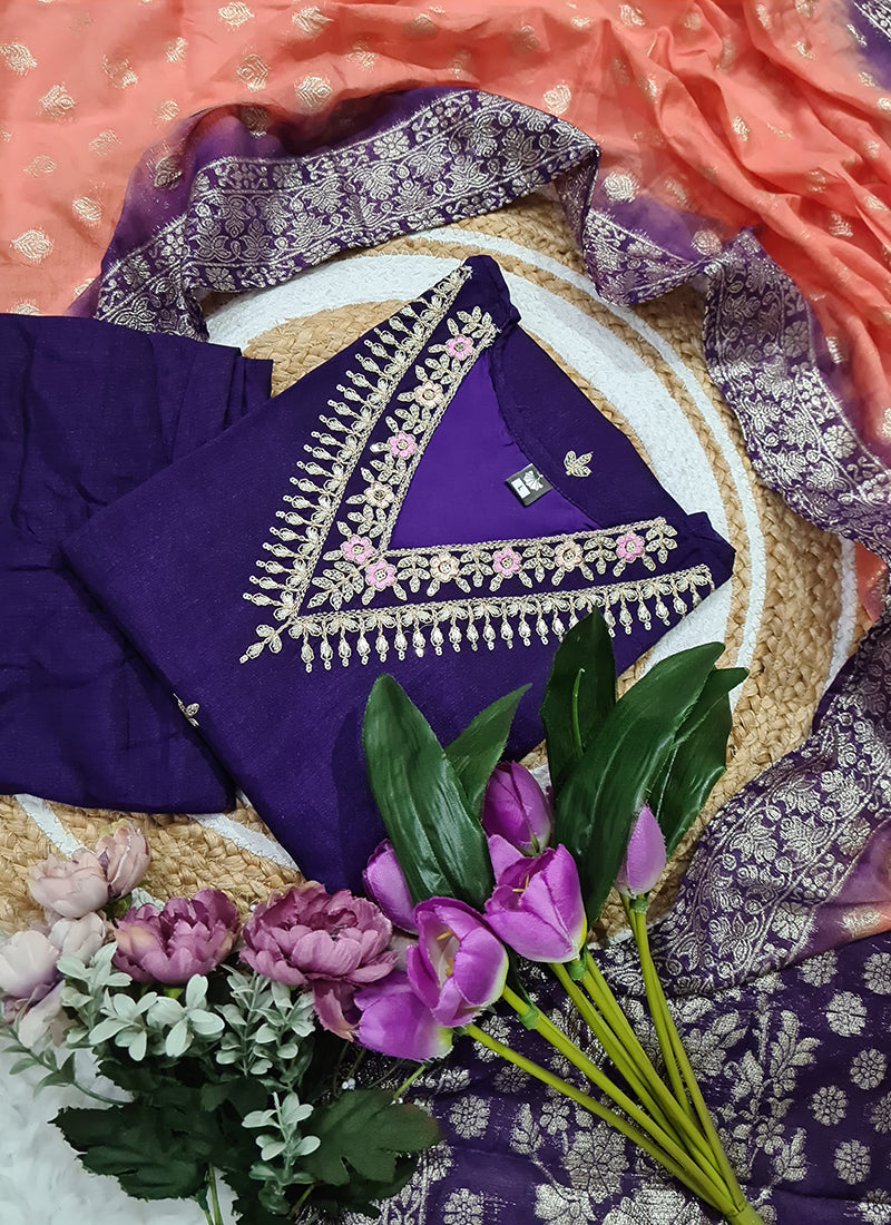 Vellora Vichitra Silk Violet Casual Wear Embroidery Work Readymade Salwar Suit | Grocsy