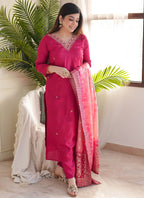 Vellora Vichitra Silk Rani Pink Casual Wear Embroidery Work Readymade Salwar Suit | Grocsy