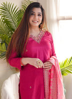 Vellora Vichitra Silk Rani Pink Casual Wear Embroidery Work Readymade Salwar Suit | Grocsy
