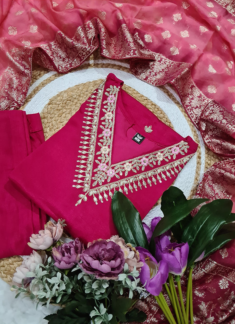 Vellora Vichitra Silk Rani Pink Casual Wear Embroidery Work Readymade Salwar Suit | Grocsy