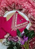 Vellora Vichitra Silk Rani Pink Casual Wear Embroidery Work Readymade Salwar Suit | Grocsy