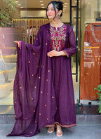 Vellora Viscose Chanderi Violet Casual Wear Embroidery Work Readymade Anarkali Suit | Grocsy