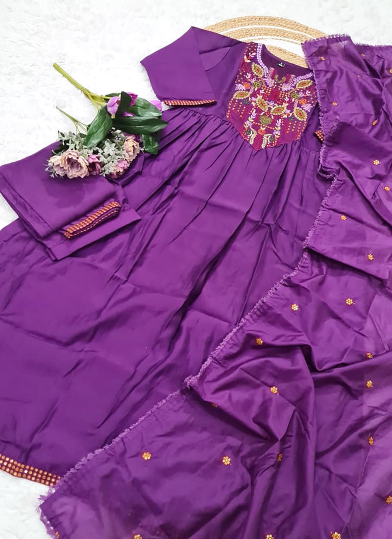 Vellora Viscose Chanderi Violet Casual Wear Embroidery Work Readymade Anarkali Suit | Grocsy