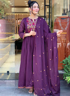 Vellora Viscose Chanderi Violet Casual Wear Embroidery Work Readymade Anarkali Suit | Grocsy