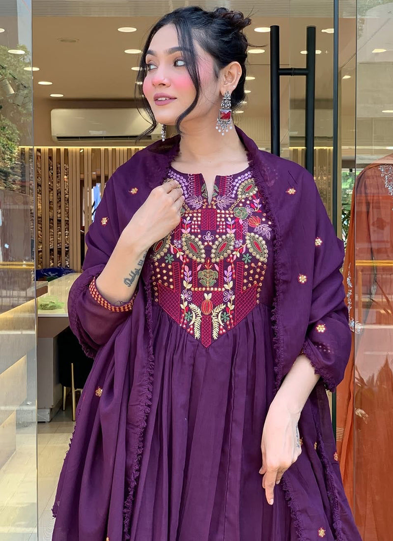 Vellora Viscose Chanderi Violet Casual Wear Embroidery Work Readymade Anarkali Suit | Grocsy