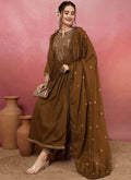 Vellora Viscose Chanderi Brown Casual Wear Embroidery Work Readymade Anarkali Suit | Grocsy