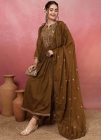 Vellora Viscose Chanderi Brown Casual Wear Embroidery Work Readymade Anarkali Suit | Grocsy