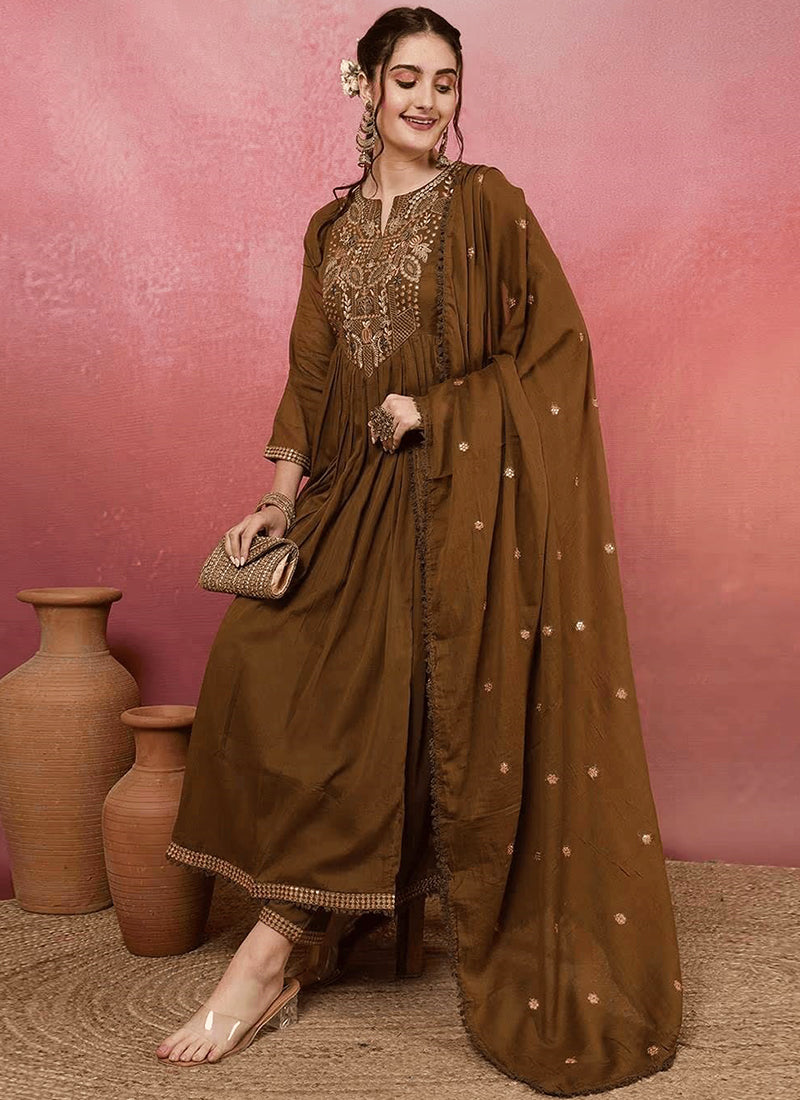 Vellora Viscose Chanderi Brown Casual Wear Embroidery Work Readymade Anarkali Suit | Grocsy