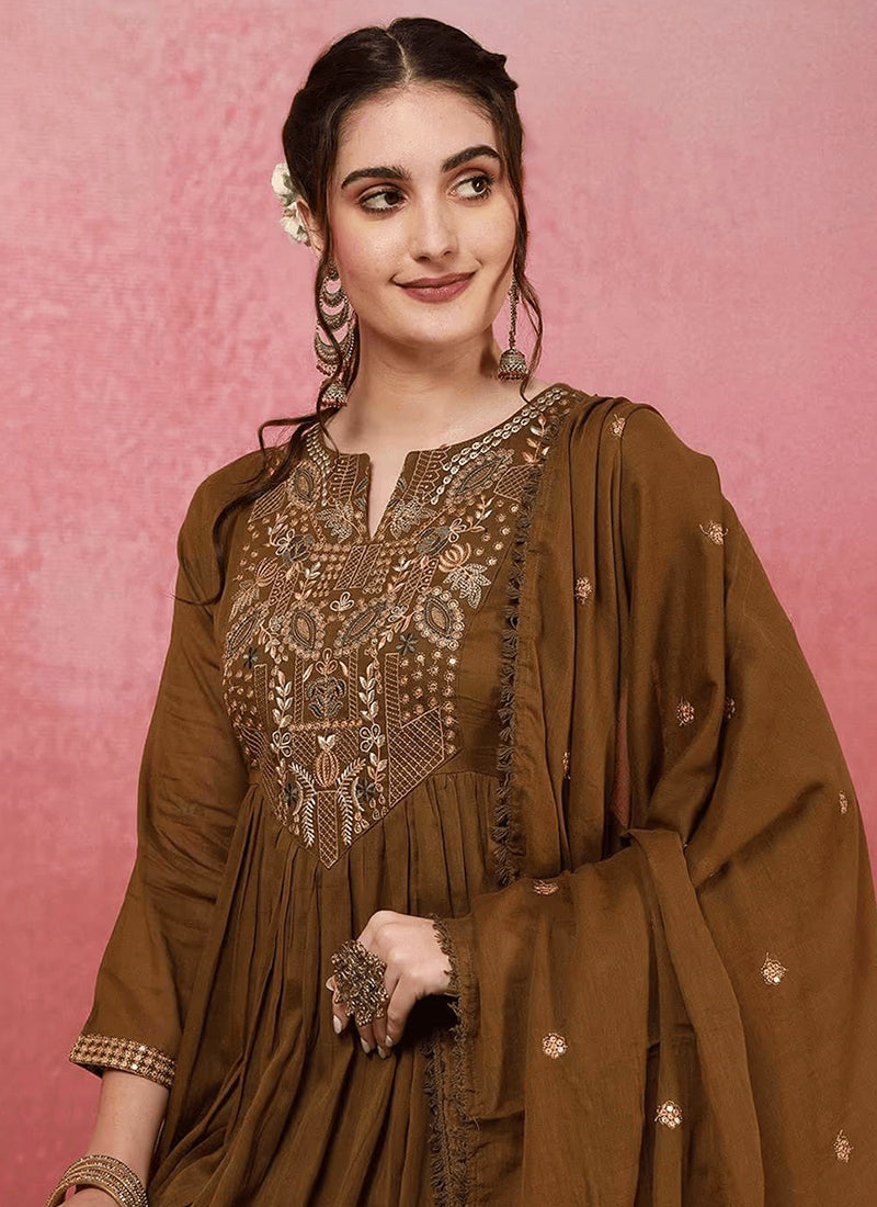 Vellora Viscose Chanderi Brown Casual Wear Embroidery Work Readymade Anarkali Suit | Grocsy