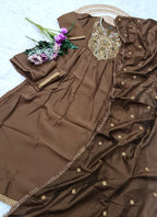 Vellora Viscose Chanderi Brown Casual Wear Embroidery Work Readymade Anarkali Suit | Grocsy