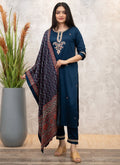 Vellora Viscose Chanderi Navy Blue Casual Wear Embroidery Work Readymade Salwar Suit | Grocsy