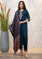 Vellora Viscose Chanderi Navy Blue Casual Wear Embroidery Work Readymade Salwar Suit | Grocsy