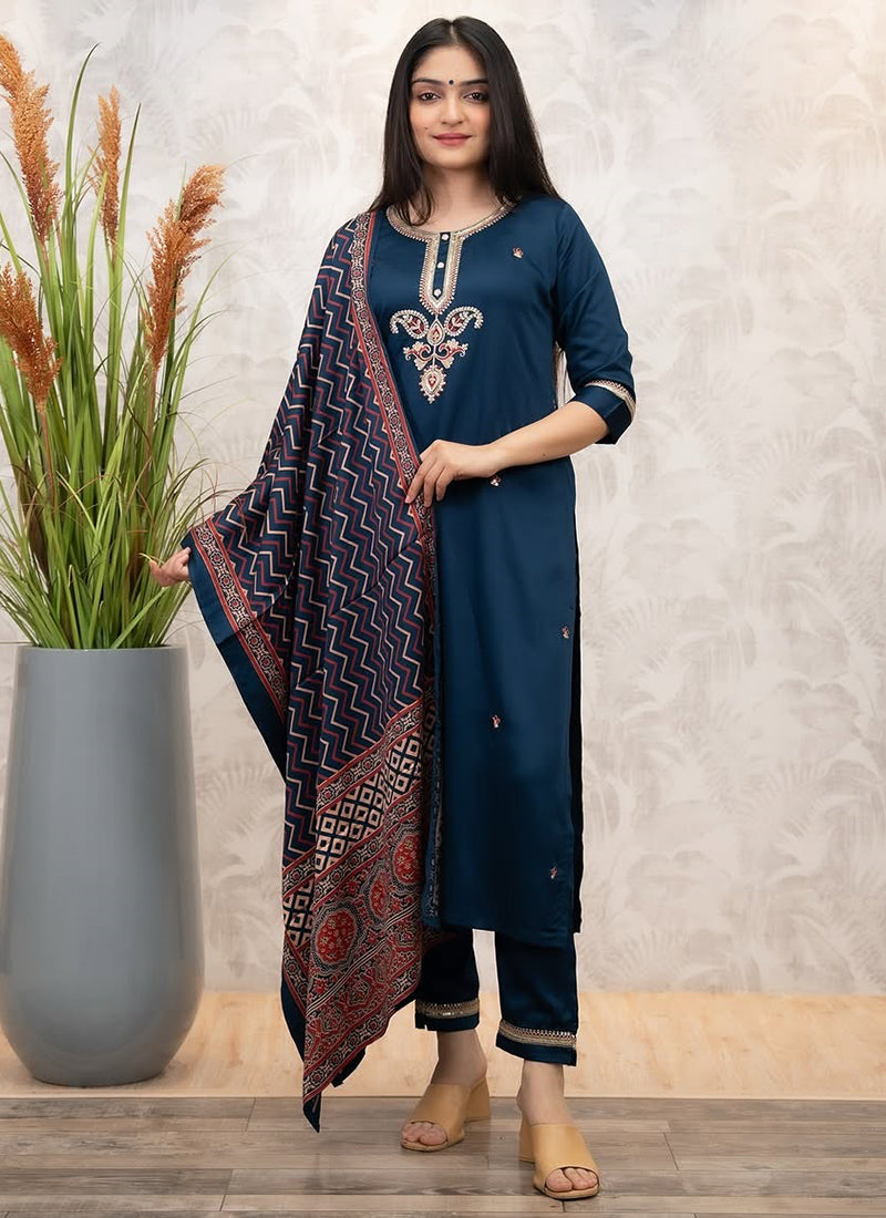 Vellora Viscose Chanderi Navy Blue Casual Wear Embroidery Work Readymade Salwar Suit | Grocsy
