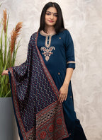 Vellora Viscose Chanderi Navy Blue Casual Wear Embroidery Work Readymade Salwar Suit | Grocsy