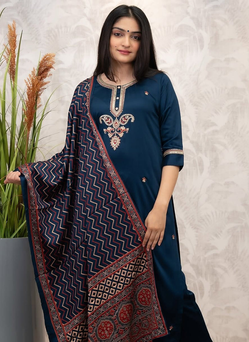 Vellora Viscose Chanderi Navy Blue Casual Wear Embroidery Work Readymade Salwar Suit | Grocsy