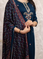 Vellora Viscose Chanderi Navy Blue Casual Wear Embroidery Work Readymade Salwar Suit | Grocsy
