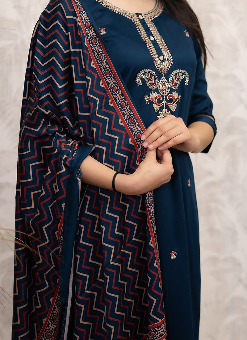 Vellora Viscose Chanderi Navy Blue Casual Wear Embroidery Work Readymade Salwar Suit | Grocsy
