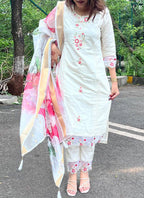 Vellora Viscose Chanderi White Casual Wear Embroidery Work Readymade Salwar Suit | Grocsy