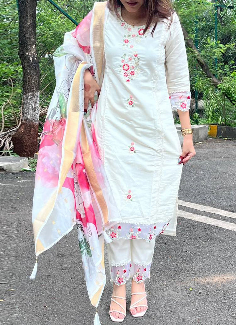 Vellora Viscose Chanderi White Casual Wear Embroidery Work Readymade Salwar Suit | Grocsy