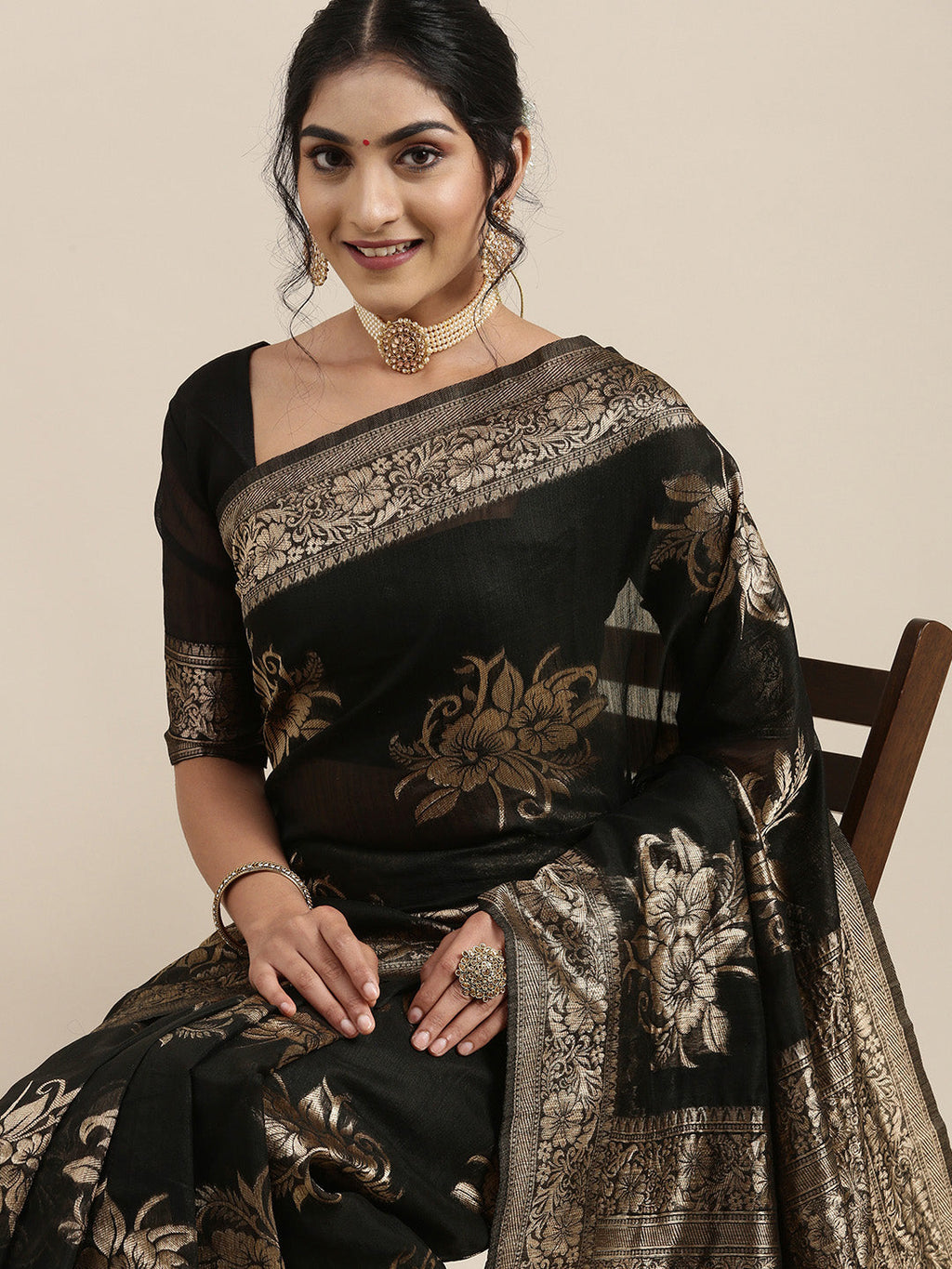 Saree Mall Black Floral Linen Blend Banarasi Saree | Grocsy