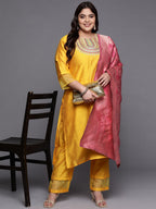 Sztori Plus Size Ethnic Motifs Embroidered Regular Kurta & Palazzos With Dupatta | Grocsy