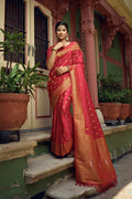 Vardha Candy Apple Red Golden Zari Banarasi Satin Silk Saree | Grocsy