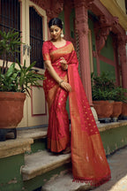 Vardha Candy Apple Red Golden Zari Banarasi Satin Silk Saree | Grocsy