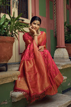Vardha Candy Apple Red Golden Zari Banarasi Satin Silk Saree | Grocsy